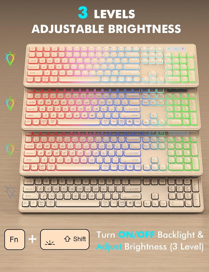 Trueque Wireless Keyboard and Mouse Combo, RGB Backlit, Rechargeable & Light Up Letters, Full-Size, Soft Typing, Sleep Mode, 2.4GHz Quiet Keyboard Set for Mac, Windows, Laptop, PC, (Warm Sand) - Image 2